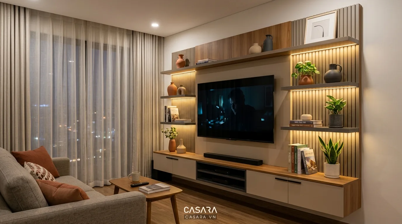 Hình ảnh minh họa chi tiết kệ tivi – màu sắc – ánh sáng trong nhà 4m