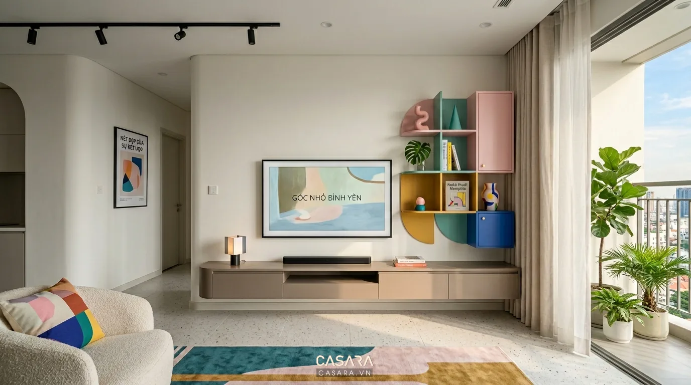 Hình ảnh minh họa điểm nhấn Memphis kết hợp nền tối giản, kệ tivi gọn gàng