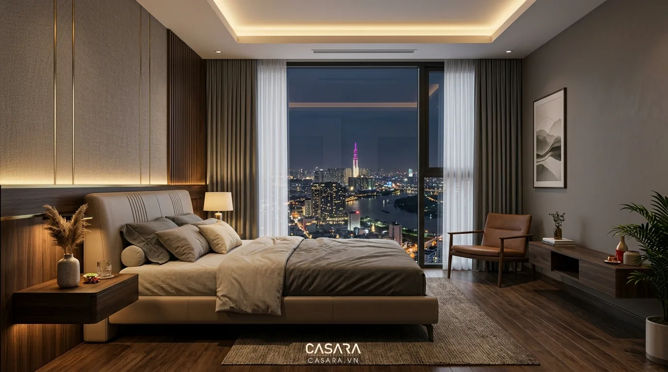 Hình ảnh minh họa giường bọc da microfiber trong phòng ngủ hiện đại