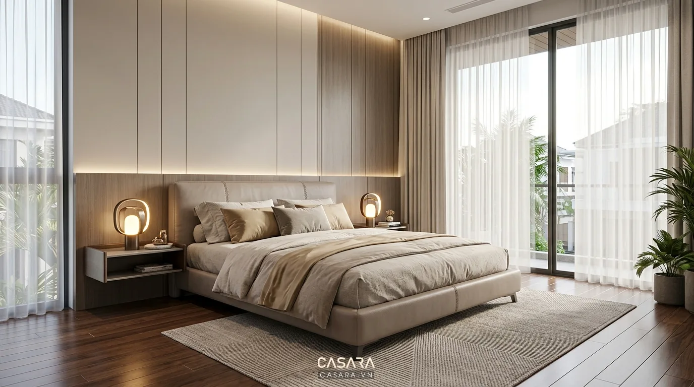 Hình ảnh minh họa giường bọc da microfiber trong phòng ngủ sang trọng