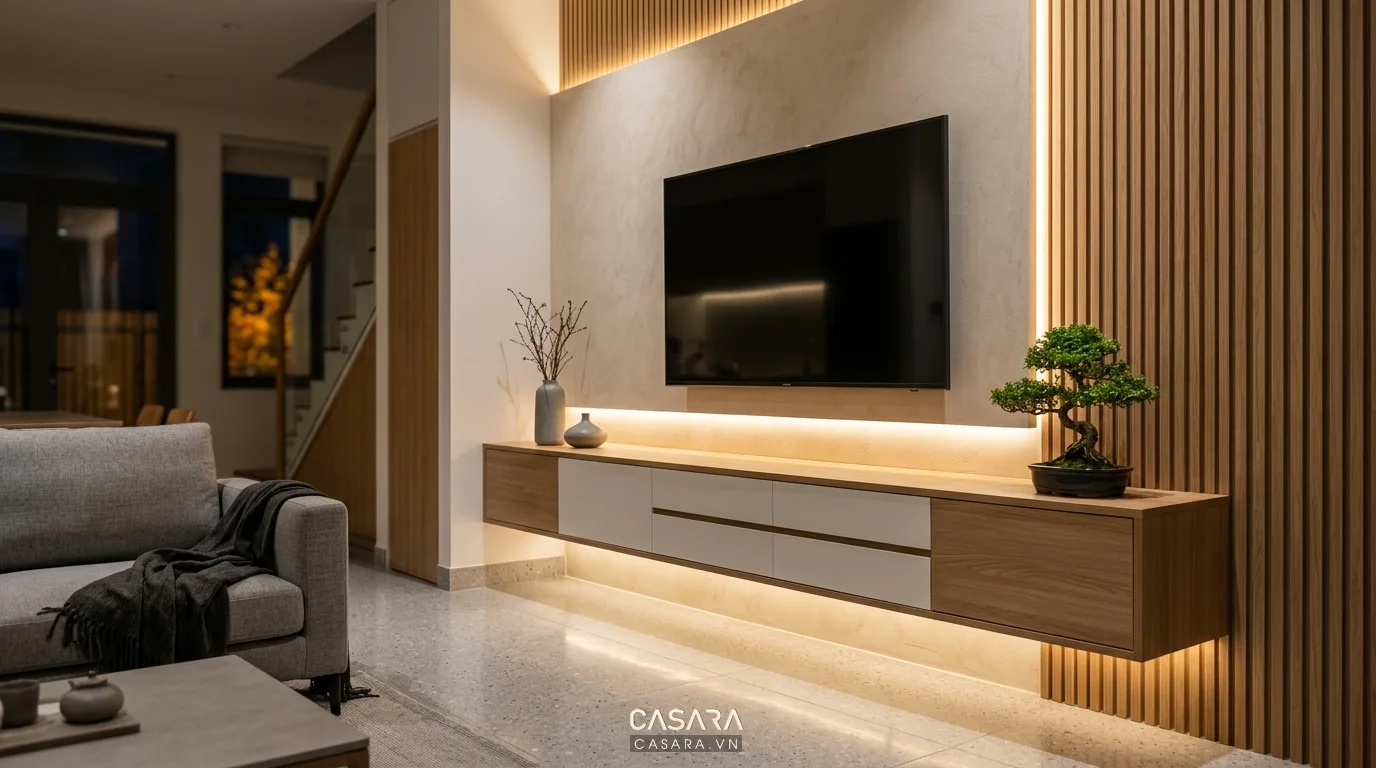 Hình ảnh minh họa kệ tivi tối giản, gọn gàng trong nhà ngang 4m