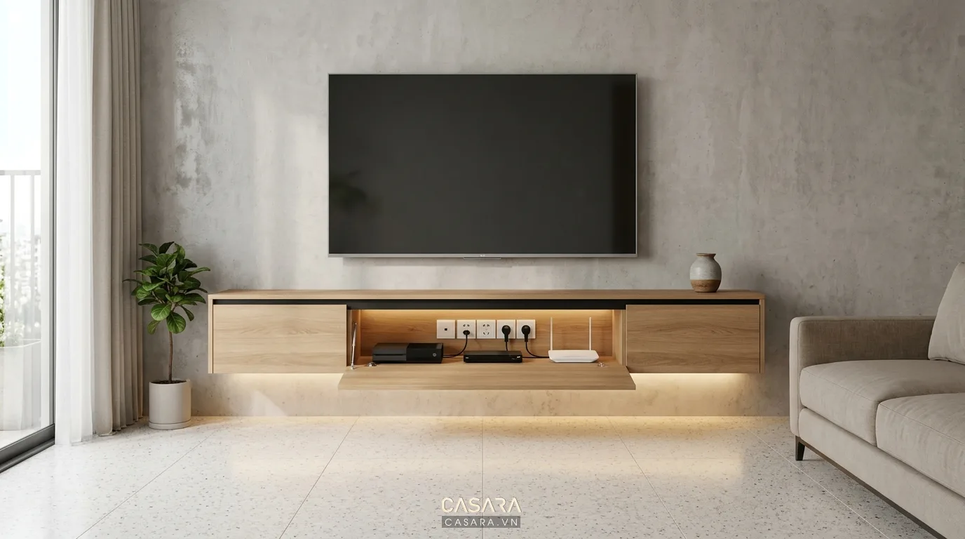 Hình ảnh minh họa khái niệm kệ tivi giấu ổ điện