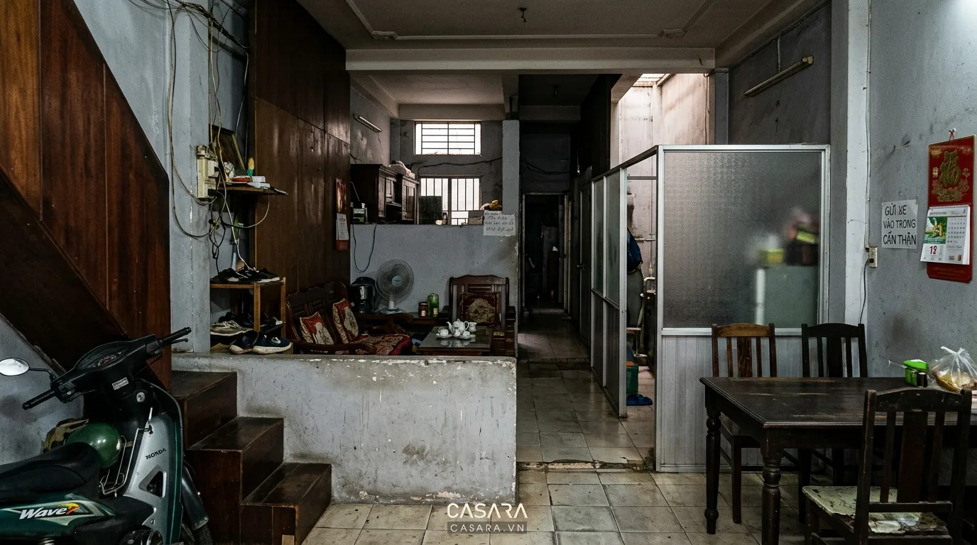 Hình ảnh minh họa không gian nhà 4m bị chia cắt – thiếu chiều sâu