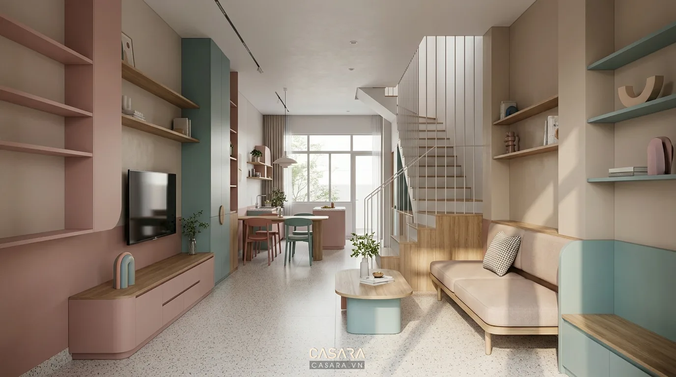 Hình ảnh minh họa không gian nhà ngang 4m áp dụng Memphis tiết chế