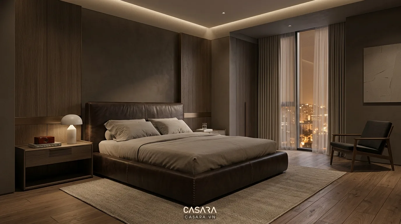 Hình ảnh minh họa không gian phòng ngủ hiện đại với giường bọc da