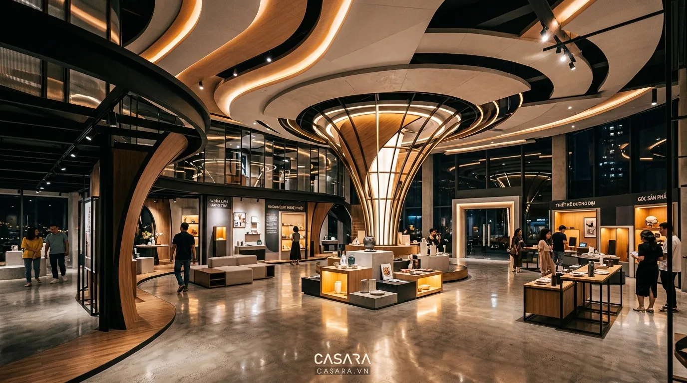 không gian showroom sáng tạo decor với thiết kế hiện đại, ánh sáng nghệ thuật và khu trưng bày sản phẩm ấn tượng