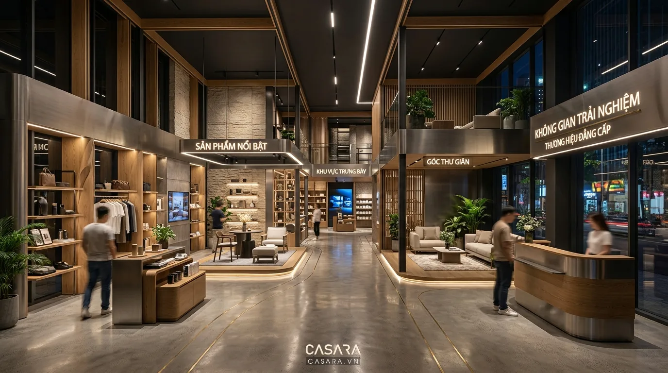 không gian showroom thương mại với concept rõ ràng, bố cục trưng bày dẫn dắt trải nghiệm khách hàng