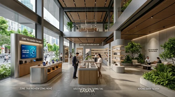 Khu trưng bày showroom thương mại có định hướng concept, quầy tư vấn và tuyến trải nghiệm khách hàng.