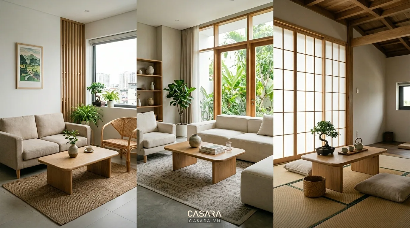 Hình ảnh minh họa lựa chọn bàn trà Japandi theo không gian