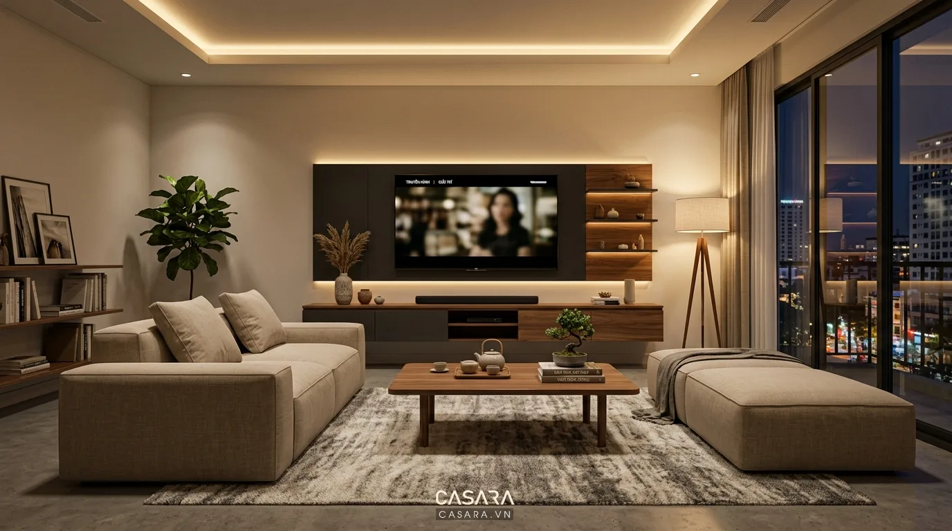 Hình ảnh minh họa phối hợp bàn trà – sofa – kệ tivi