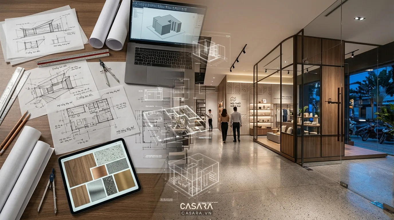 quá trình thiết kế concept showroom thương mại từ bản vẽ đến không gian thực tế
