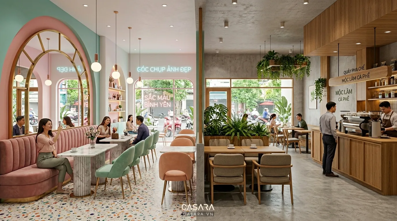 Hình ảnh minh họa so sánh không gian Instagrammable thiên về hình ảnh và không gian cân bằng công năng