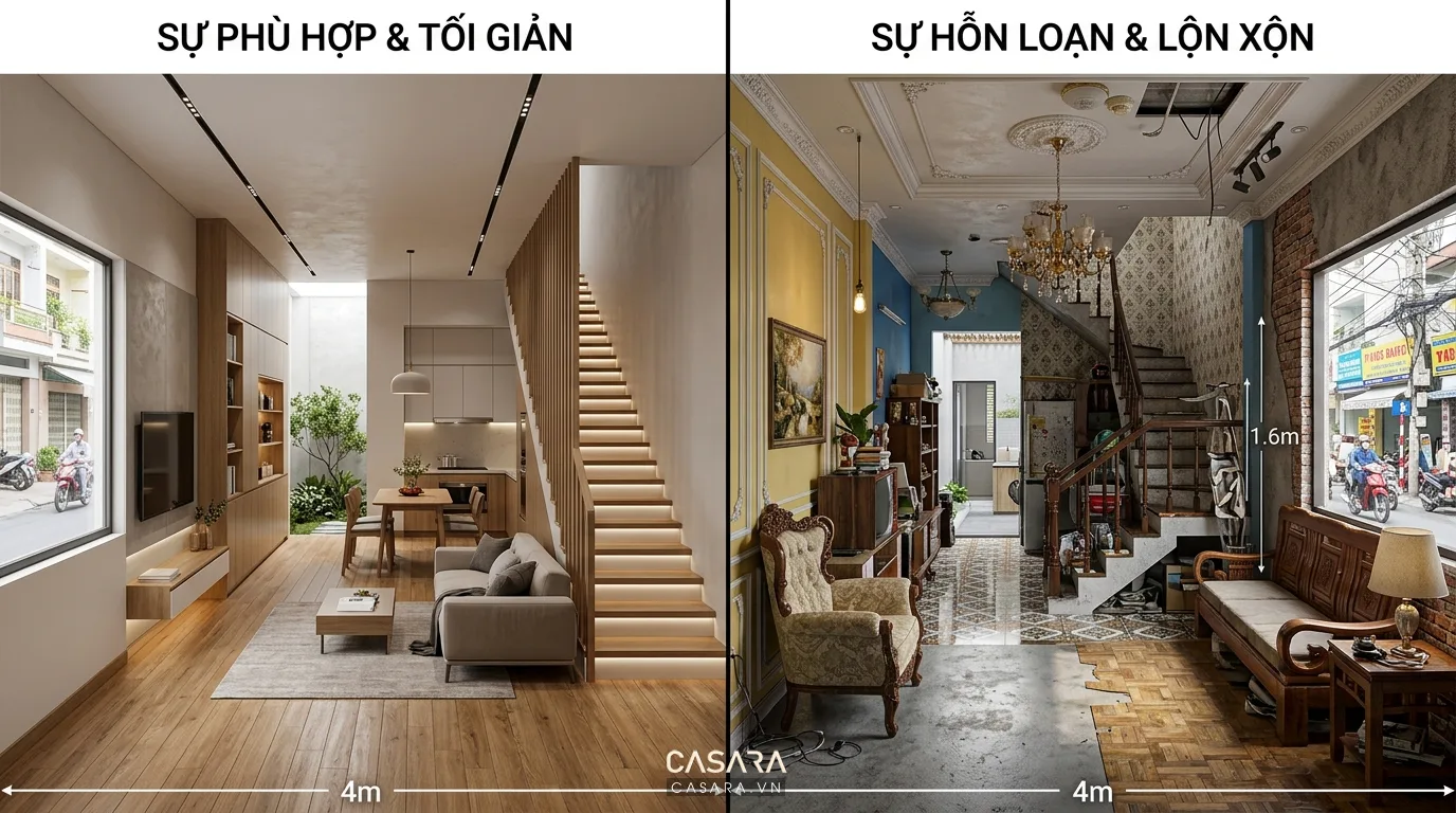 Hình ảnh minh họa so sánh không gian nhà 4m đồng bộ vs rối phong cách