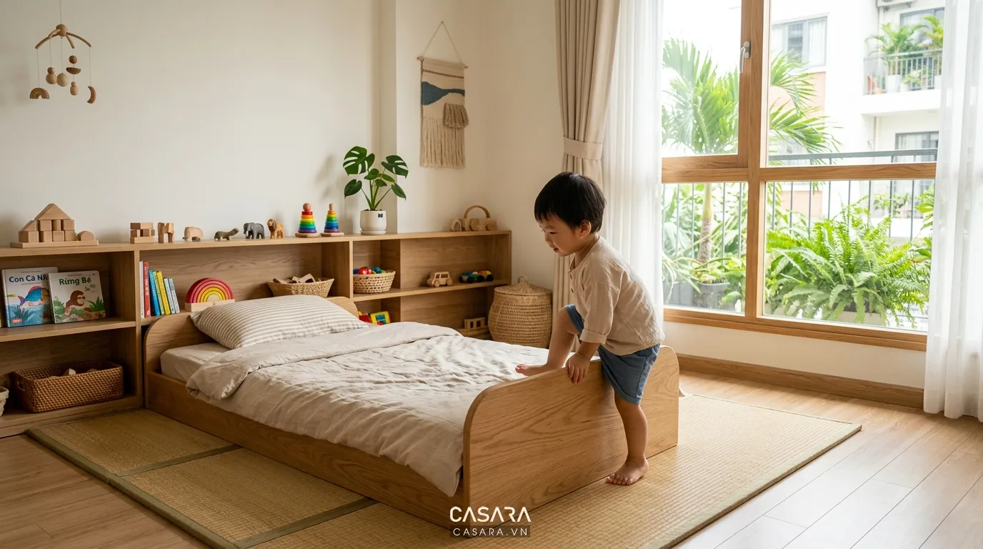 Hình ảnh minh họa trẻ tự lên xuống giường Montessori