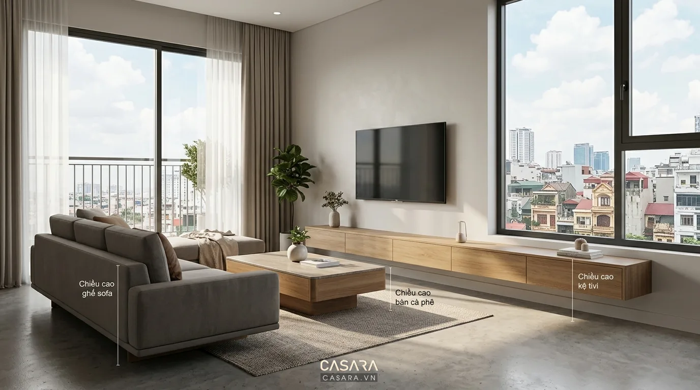 Hình ảnh minh họa tỷ lệ chiều cao bàn trà – sofa – kệ tivi