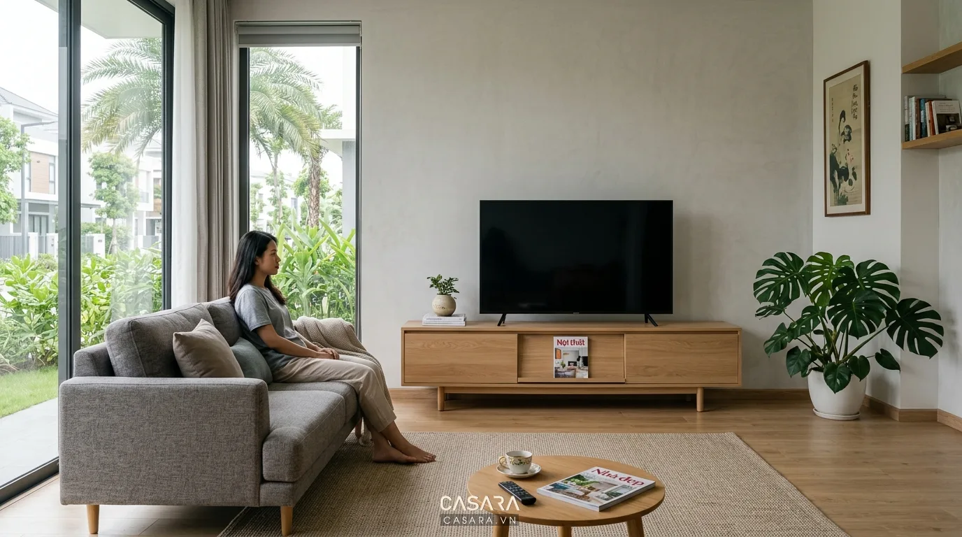 Hình ảnh minh họa tỷ lệ chiều cao kệ tivi – sofa – tầm mắt