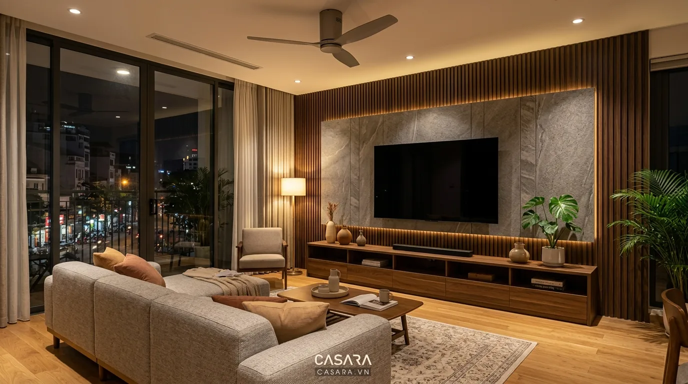 Hình ảnh minh họa vai trò và tầm nhìn kệ tivi trong phòng khách
