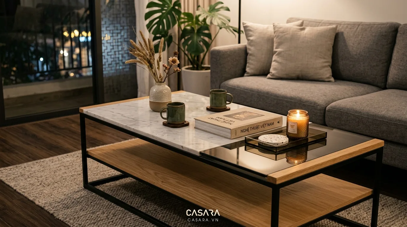 Hình ảnh minh họa vật liệu & màu sắc bàn trà hiện đại