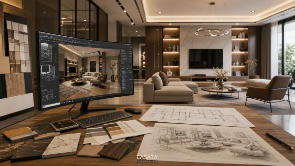 3D nội thất thể hiện phối cảnh phòng khách, bản vẽ mặt bằng, vật liệu và ánh sáng để kiểm tra thiết kế trước khi thi công.