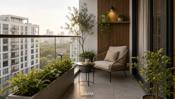 Ban công chung cư đẹp với cây xanh ghế thư giãn và bàn nhỏ