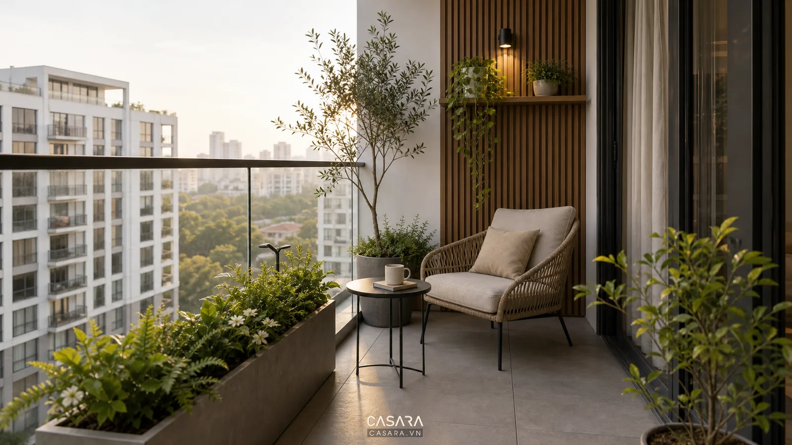 Ban công chung cư đẹp với cây xanh ghế thư giãn và bàn nhỏ