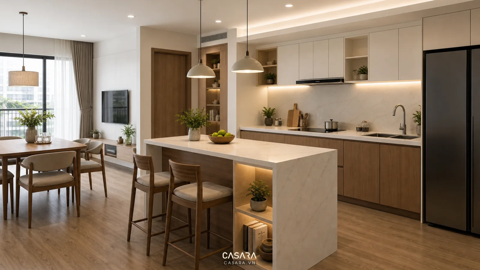 Bàn đảo bếp nhà chung cư hiện đại với hệ tủ sáng màu