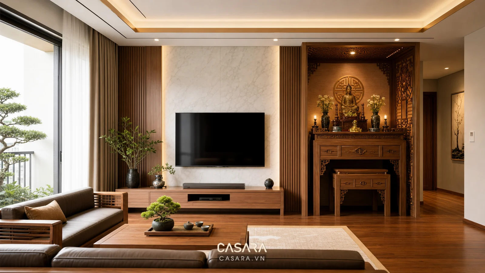 Phòng khách hiện đại bố trí bàn thờ trang trọng, có ánh sáng ấm và trục nhìn gọn