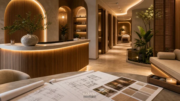 Bản vẽ thiết kế spa hiện đại với quầy lễ tân, phòng trị liệu và bảng vật liệu