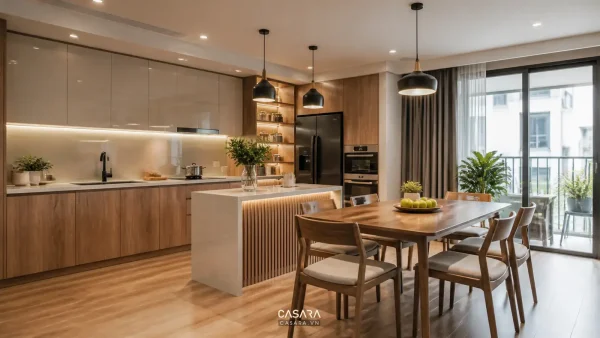 Bếp ăn đẹp hiện đại với bàn ăn và tủ bếp gỗ