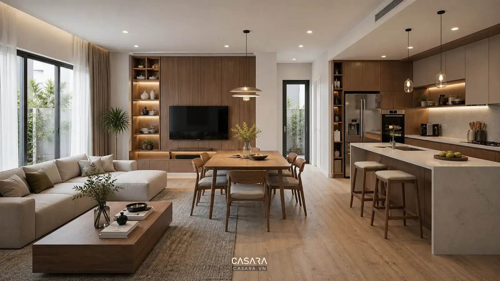 Bếp liền phòng khách hiện đại với bàn ăn chuyển tiếp và đảo bếp