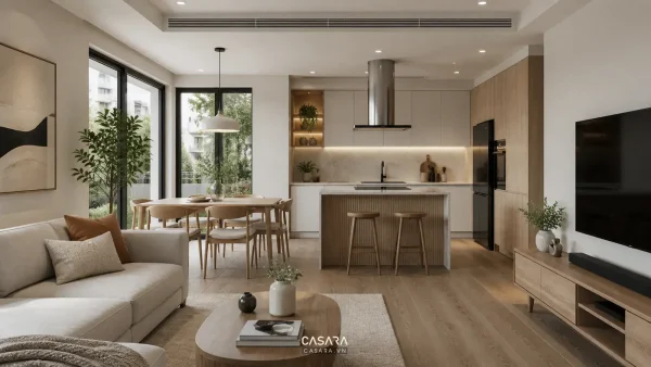 Không gian nội thất hiện đại liên thông bếp và phòng khách