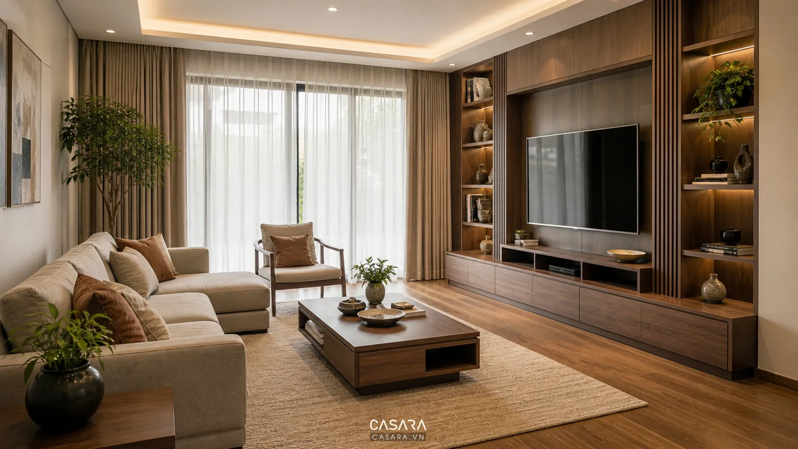 Cách bài trí phòng khách đẹp với sofa bàn trà kệ tivi và ánh sáng tự nhiên