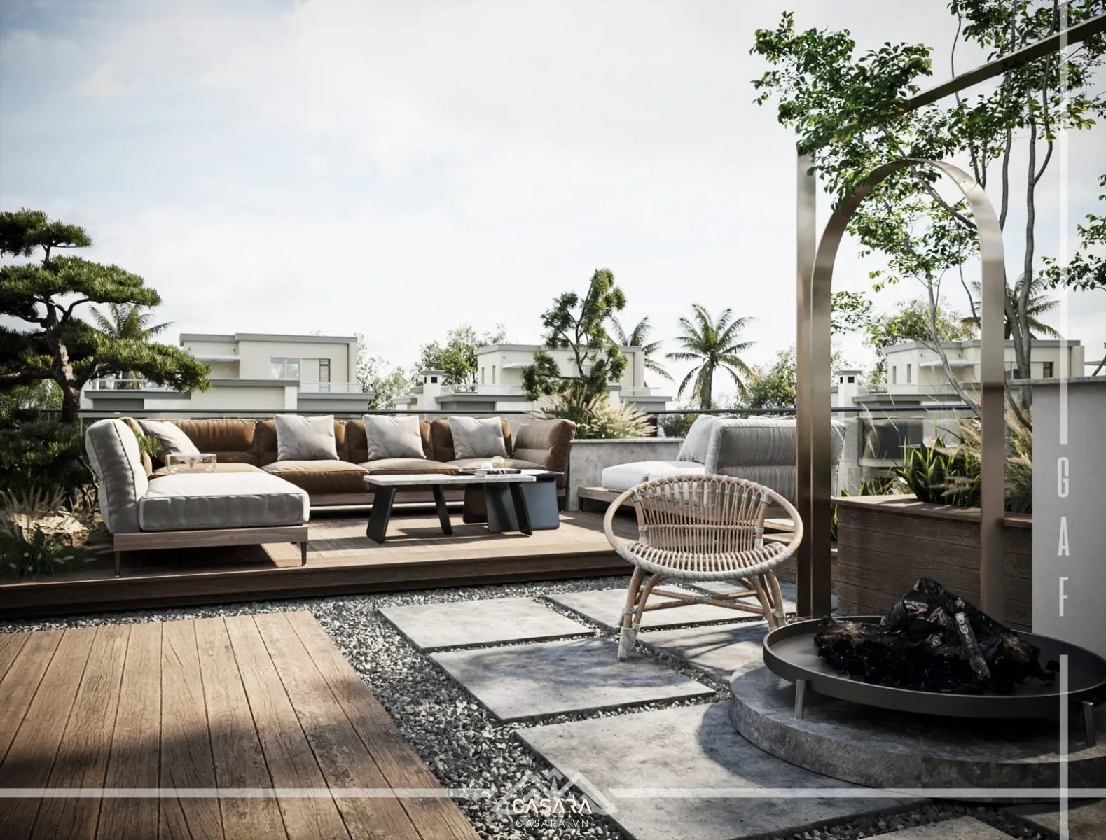 Sân thượng hiện đại có sofa ngoài trời, cây xanh, sàn gỗ và khu ghế nghỉ đồng bộ với nội thất.