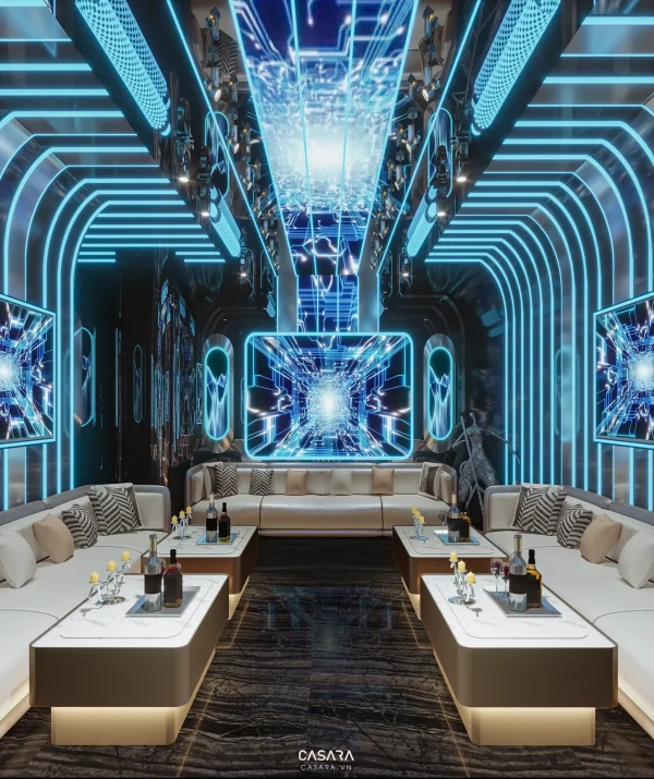 Ảnh karaoke phong cách cao cấp với ánh sáng led, sofa dài, màn hình lớn và trần trang trí trong thư viện Casara.