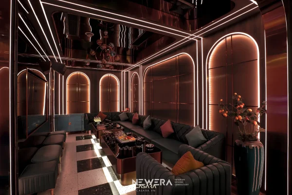 Ảnh karaoke phong cách 30m2 Indochine với ánh sáng led, sofa dài, màn hình lớn và trần trang trí trong thư viện Casara.