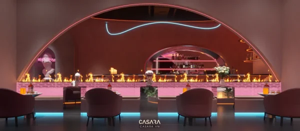 Ảnh karaoke phong cách 30m2 luxury với ánh sáng led, sofa dài, màn hình lớn và trần trang trí trong thư viện Casara.