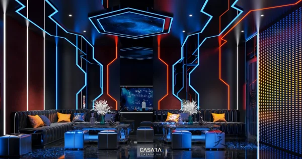 Ảnh karaoke phong cách Hải Phòng với ánh sáng led, sofa dài, màn hình lớn và trần trang trí trong thư viện Casara.