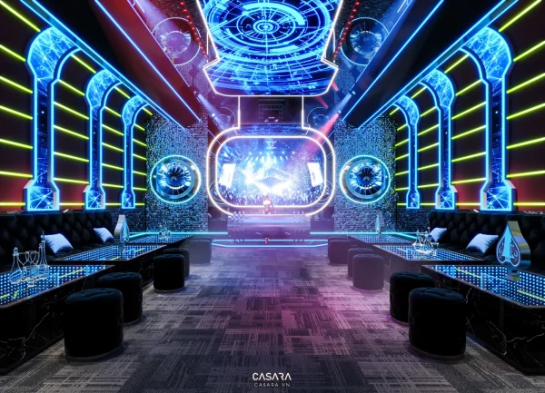 Ảnh karaoke phong cách hiện đại Nha Trang với ánh sáng led, sofa dài, màn hình lớn và trần trang trí trong thư viện Casara.
