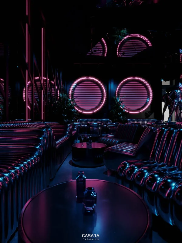 Ảnh karaoke phong cách Nha Trang với ánh sáng led, sofa dài, màn hình lớn và trần trang trí trong thư viện Casara.