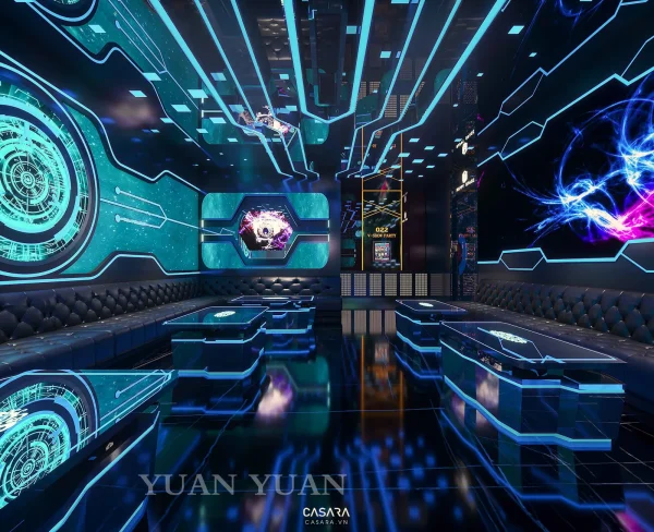 Ảnh karaoke phong cách tân cổ điển với ánh sáng led, sofa dài, màn hình lớn và trần trang trí trong thư viện Casara.
