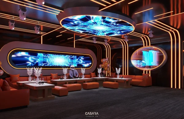 Ảnh karaoke phong cách tối giản Hà Nội với ánh sáng led, sofa dài, màn hình lớn và trần trang trí trong thư viện Casara.