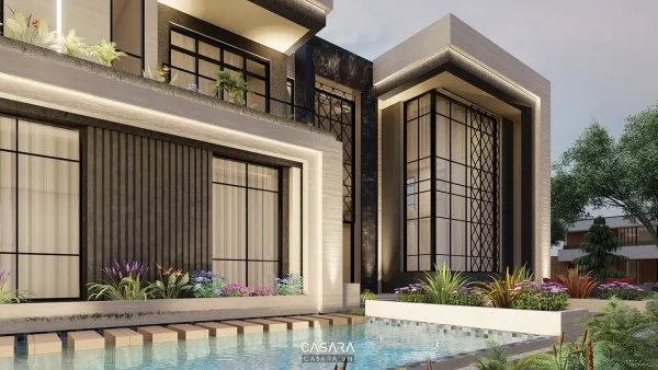 Ảnh góc biệt thự bên hồ bơi với hệ cột và cửa kính cao do Casara tuyển chọn cho thư viện thiết kế nội thất.