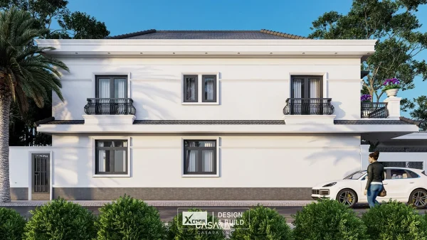 Ảnh kiến trúc nhà ở phong cách Bắc Âu với khối nhà, mặt tiền, sân vườn và mảng kính lớn trong thư viện Casara.