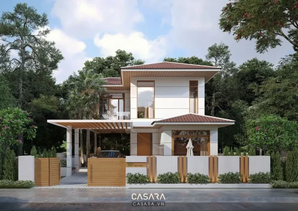 Ảnh kiến trúc nhà ở phong cách cao cấp với khối nhà, mặt tiền, sân vườn và mảng kính lớn trong thư viện Casara.
