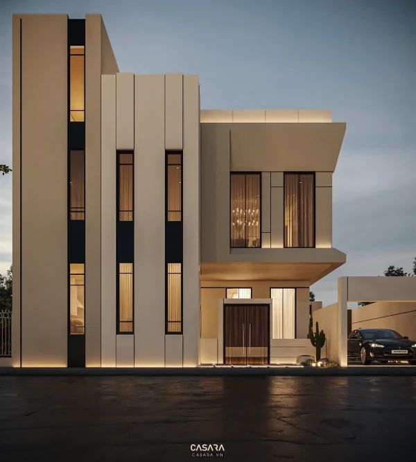 Ảnh kiến trúc nhà ở phong cách 30m2 luxury với khối nhà, mặt tiền, sân vườn và mảng kính lớn trong thư viện Casara.