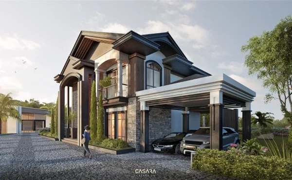 Ảnh kiến trúc nhà ở phong cách 30m2 sang trọng với khối nhà, mặt tiền, sân vườn và mảng kính lớn trong thư viện Casara.