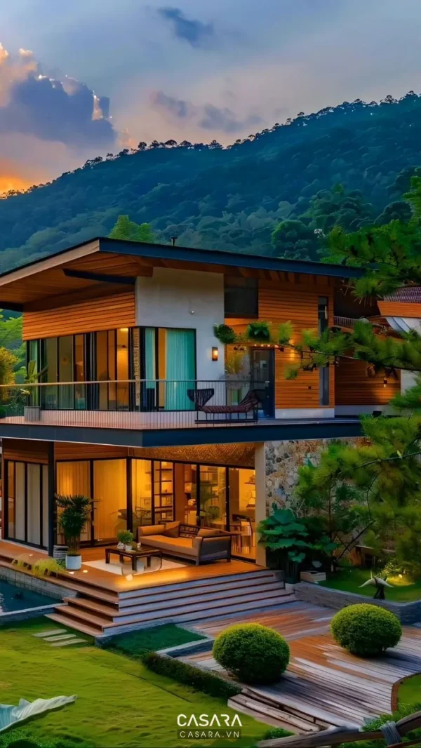 Ảnh kiến trúc nhà ở phong cách Indochine với khối nhà, mặt tiền, sân vườn và mảng kính lớn trong thư viện Casara.