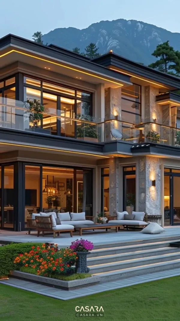 Ảnh kiến trúc nhà ở phong cách tân cổ điển với khối nhà, mặt tiền, sân vườn và mảng kính lớn trong thư viện Casara.