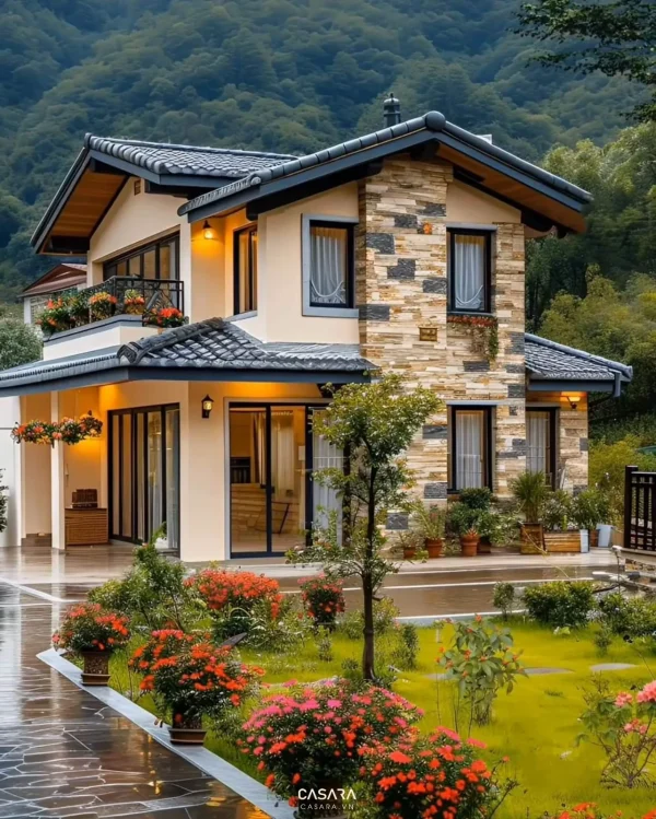 Ảnh kiến trúc nhà ở phong cách tối giản Đà Nẵng với khối nhà, mặt tiền, sân vườn và mảng kính lớn trong thư viện Casara.