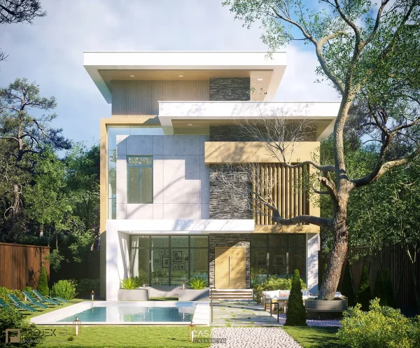 Ảnh kiến trúc nhà ở phong cách tối giản Hà Nội với khối nhà, mặt tiền, sân vườn và mảng kính lớn trong thư viện Casara.